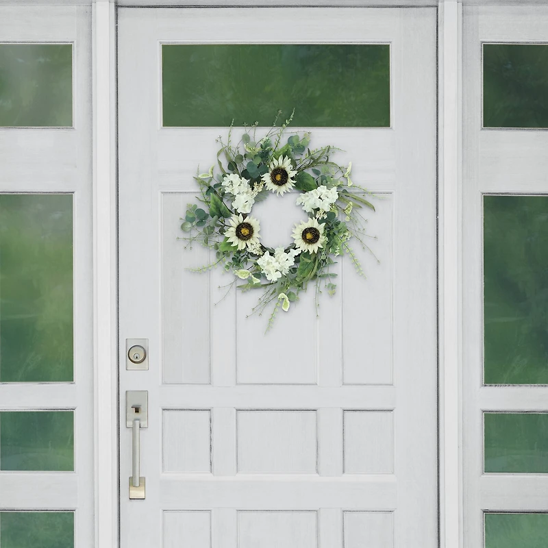 24" White & Green Sunflower & Hydrangea Floral Spring Wreath
