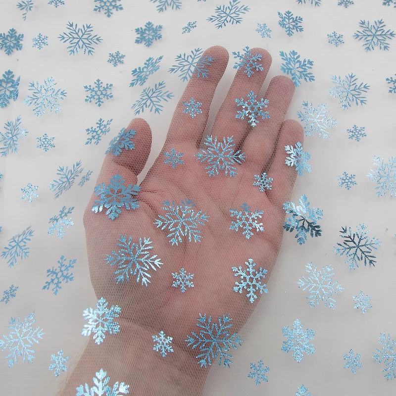 Wyla White Mesh with Blue Snowflakes Polyester Fabric