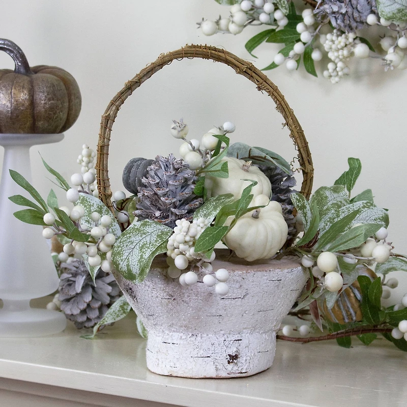 13" Green & Gold Artificial Pumpkin & Leaf Basket Arrangement