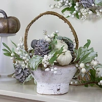 13" Green & Gold Artificial Pumpkin & Leaf Basket Arrangement