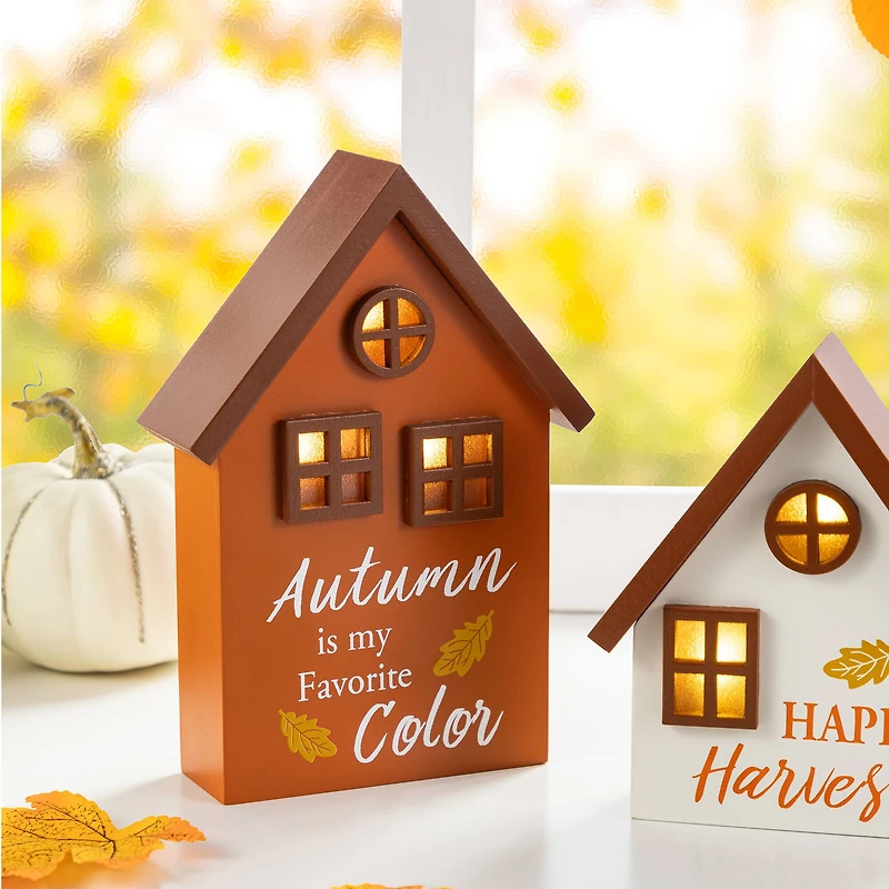 Glitzhome® Lighted Fall Wooden House-shaped Table Decor Set