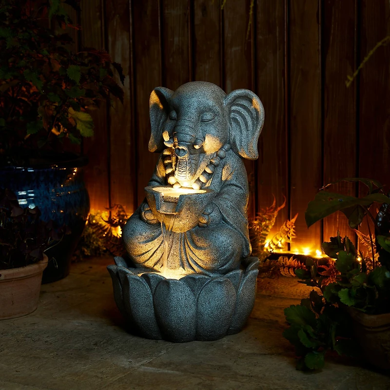 Glitzhome® 21.75" Zen-Style LED 2-Tier Elephant Outdoor Fountain