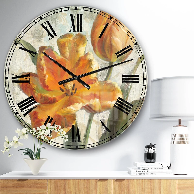 Designart 'Parrot Tulips I On Ivory Farmhouse Wall Clock