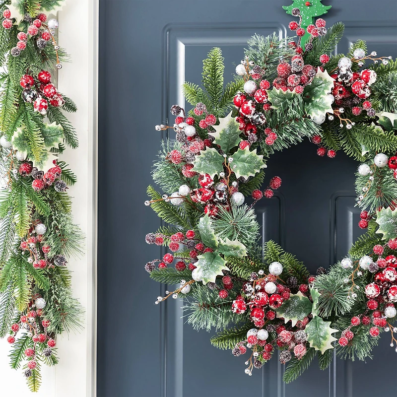 Glitzhome® 24"D Christmas Red Pomegranate Berry & Holy Leaf Wreath