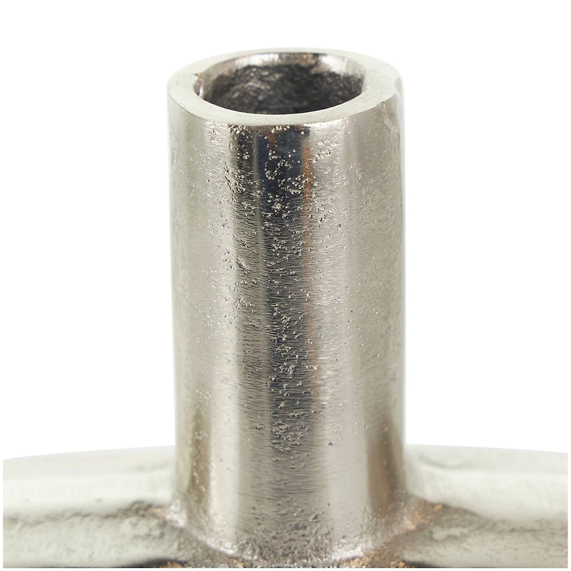 12" Silver Aluminum Geometric Circular Vase with Linear Etchings