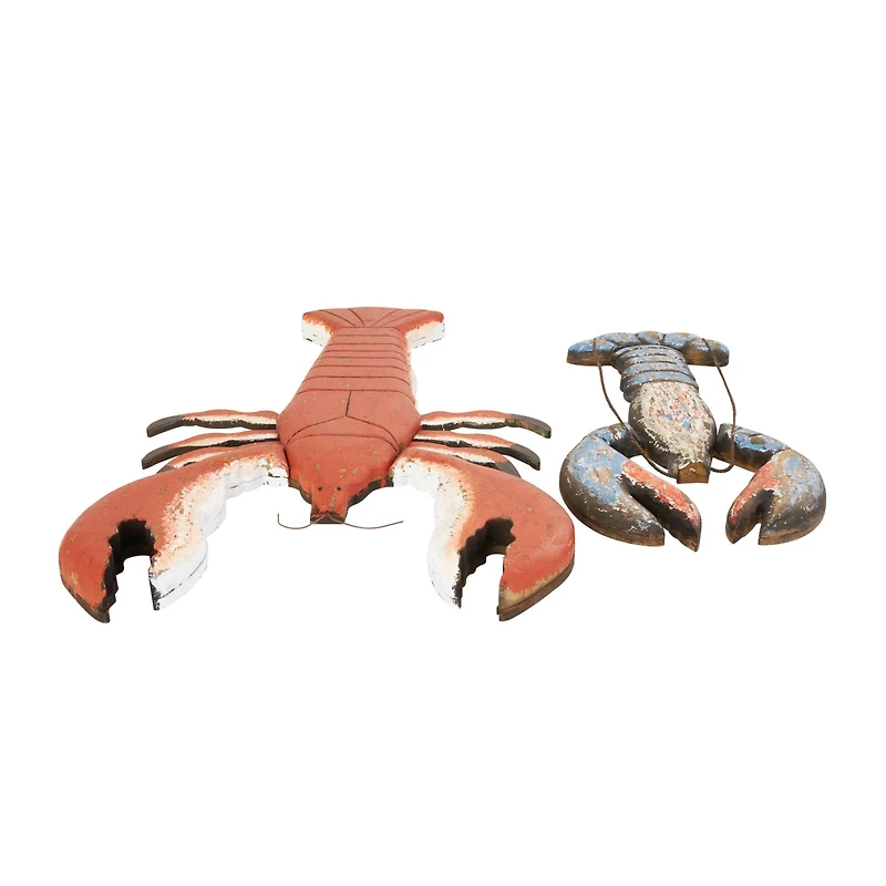 Red & Blue Wood Lobster Handmade Distressed Sculpture Set
