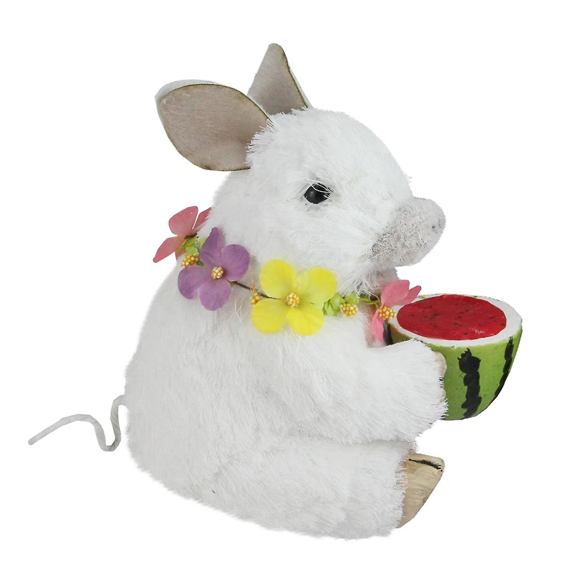 7" White Sisal Piglet with Floral Lei and Watermelon Figure