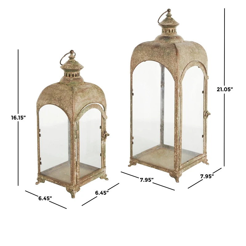 Brown Distressed Arched Panel Candle Lantern Set