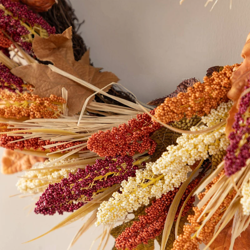 Glitzhome® 24" Fall Sorghum Wreath Includes a Black Metal Wreath Hanger