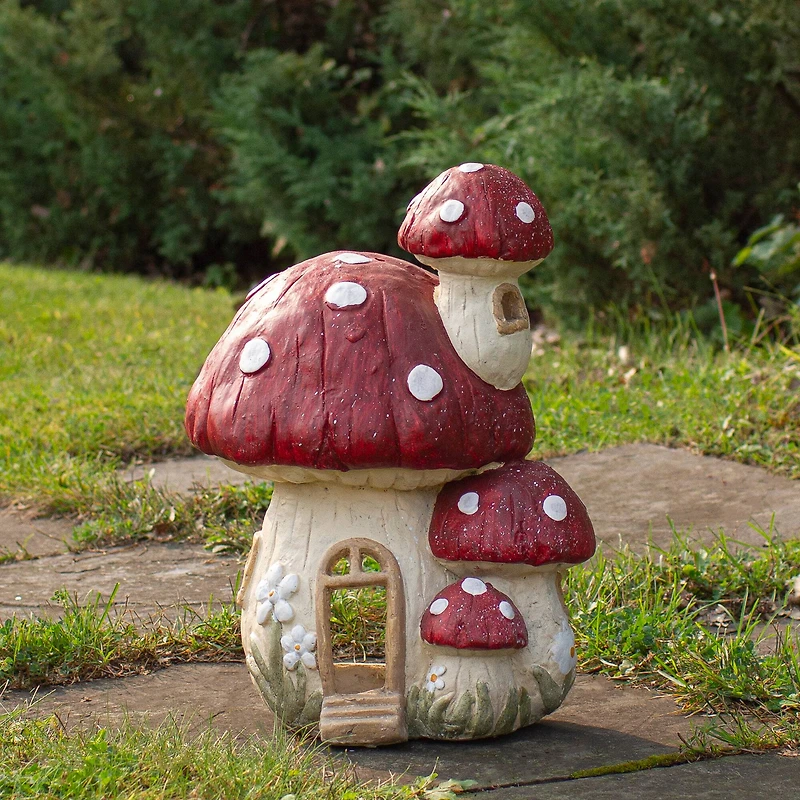 18" Red & Beige Mushroom House Outdoor Garden Statue