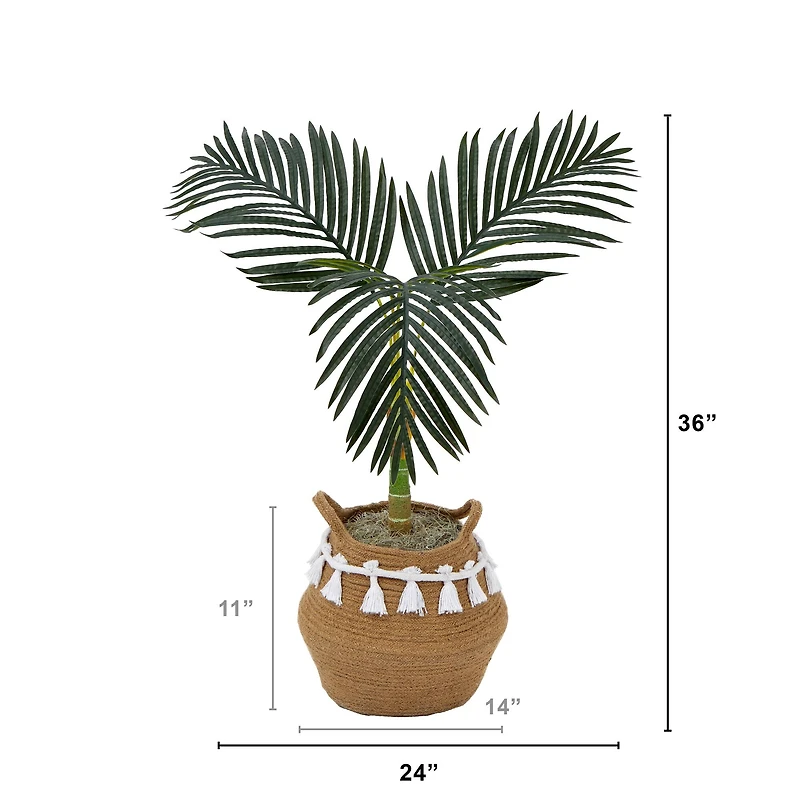 3ft. Artificial Golden Cane Palm Tree with Handmade Jute & Cotton Basket with Tassels