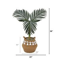 3ft. Artificial Golden Cane Palm Tree with Handmade Jute & Cotton Basket with Tassels