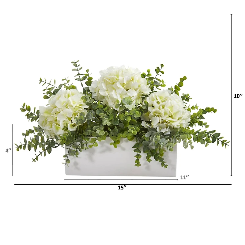 15" Hydrangea & Eucalyptus Artificial Arrangement In White Vase
