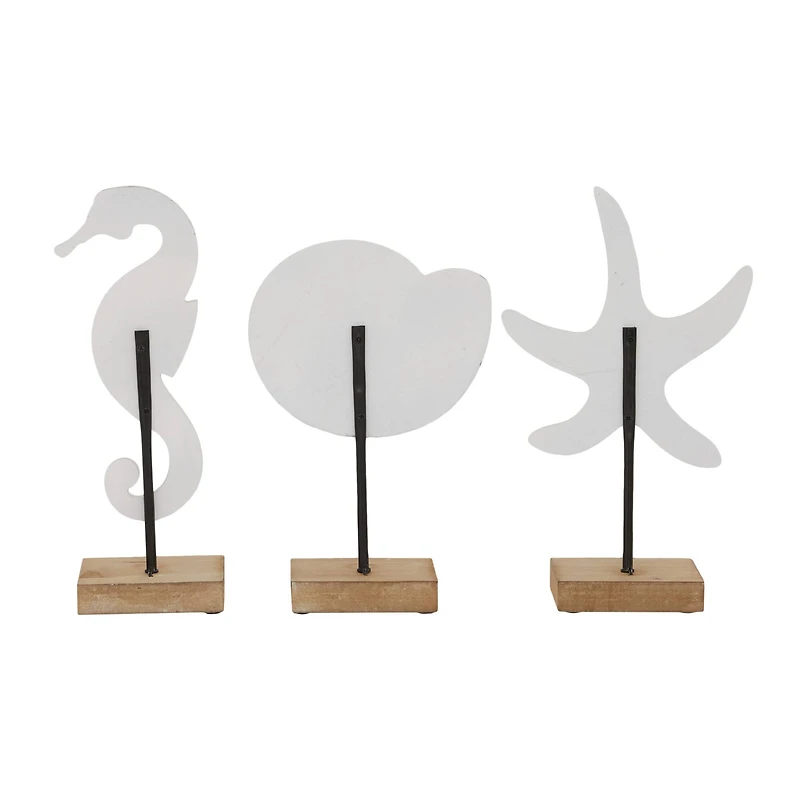 Set of 3 White Plastic Coastal Sea Animals Sculpture, 13.25", 13.25", 13"