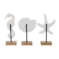 Set of 3 White Plastic Coastal Sea Animals Sculpture, 13.25", 13.25", 13"