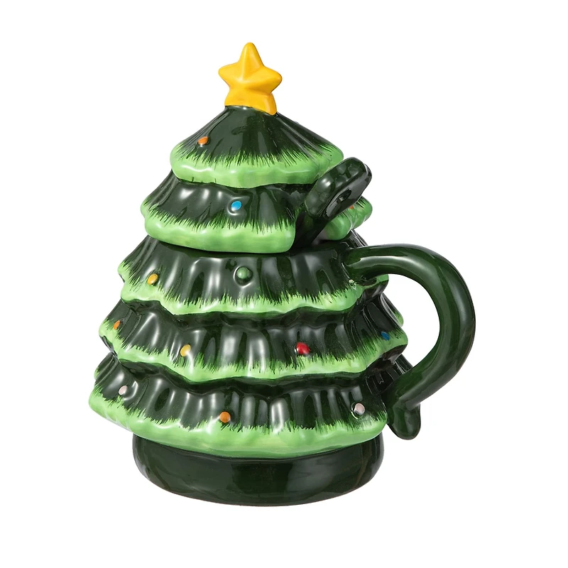 Glitzhome® 6.5" Christmas Ceramic Tree Mug with Lid and Spoon