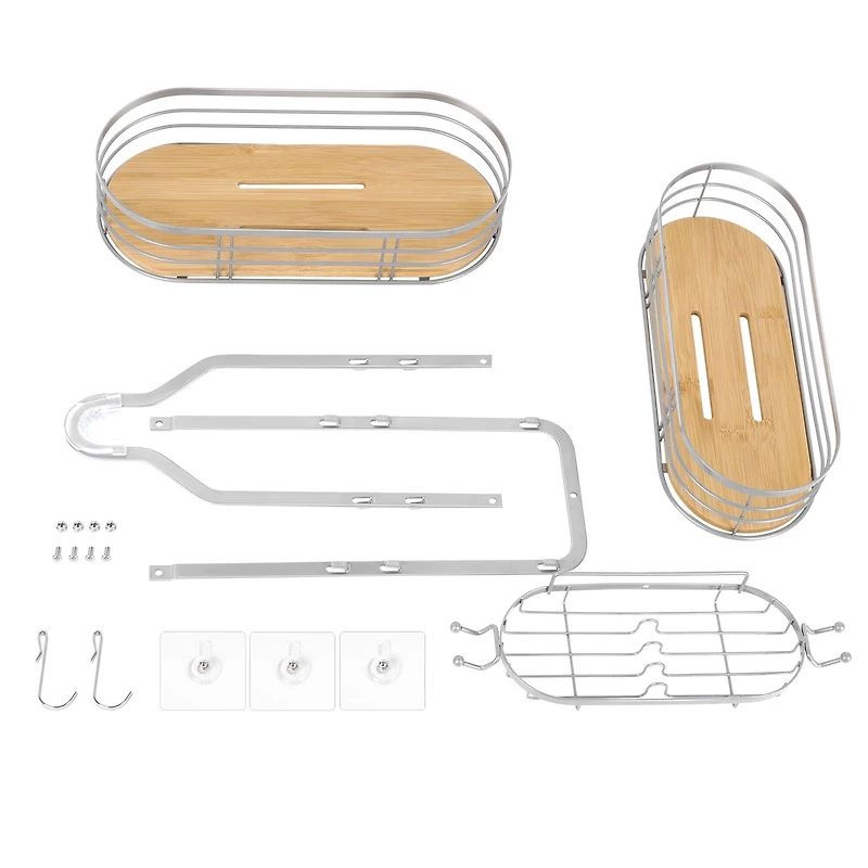 NEX™ Silver Stainless Steel & Bamboo Hanging Caddy Shower Organizer with Hooks