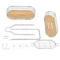 NEX™ Silver Stainless Steel & Bamboo Hanging Caddy Shower Organizer with Hooks