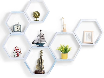 NEX™ Blue Whitewash Wall-Mounted Rustic Hexagon Honeycomb Hanging Shelf Set