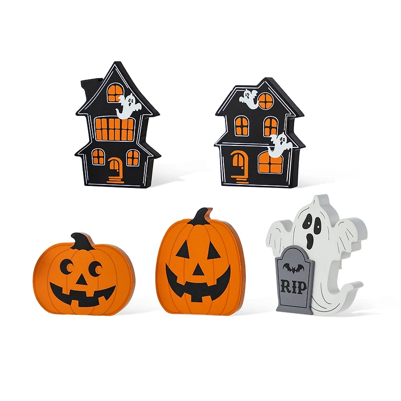 Glitzhome® Halloween Wooden Haunted House, Pumpkin & Ghost Table Block Set