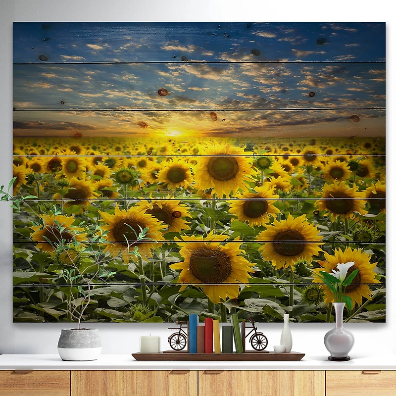Designart - Field of Blooming Sunflowers - Flower Print on Natural Pine Wood
