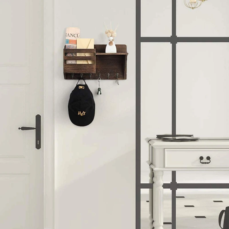 NEX™ 16" Brown Wall-Mounted Mail & Key Holder Organizer with 6 Key Hooks