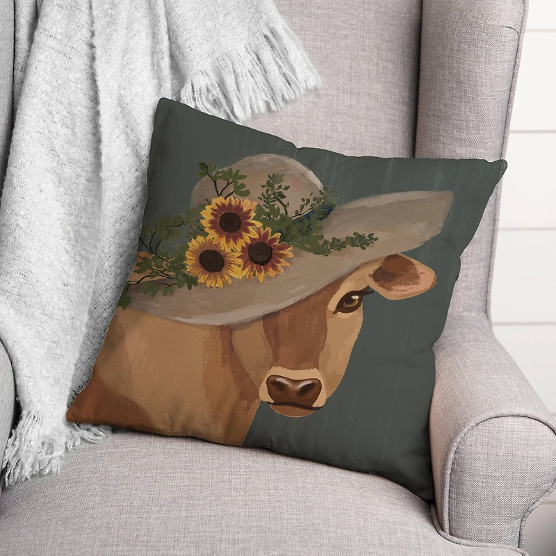 Sunflower Hat Cow Indoor/Outdoor Pillow