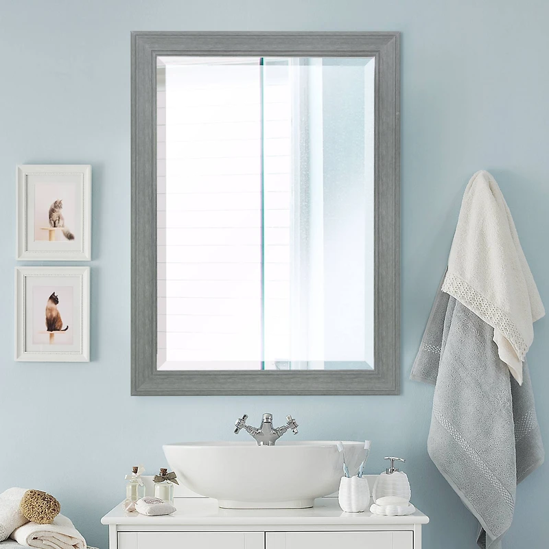 Head West Gray Wood Grain Texture Beveled Edge Bathroom Vanity Mirror