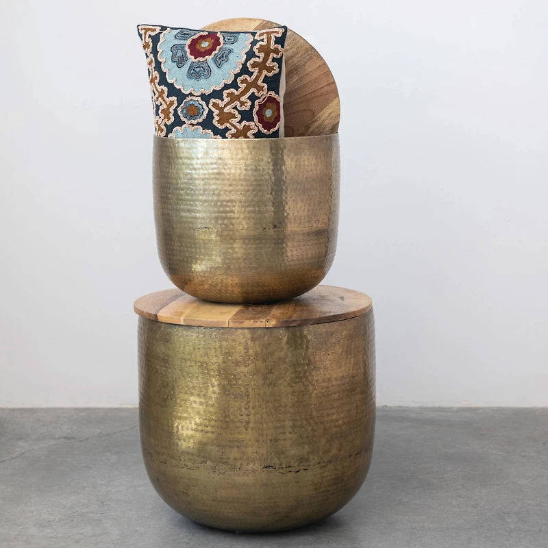 Hello Honey® 18" Gold Metal Nesting Tables with Wood Lids Set