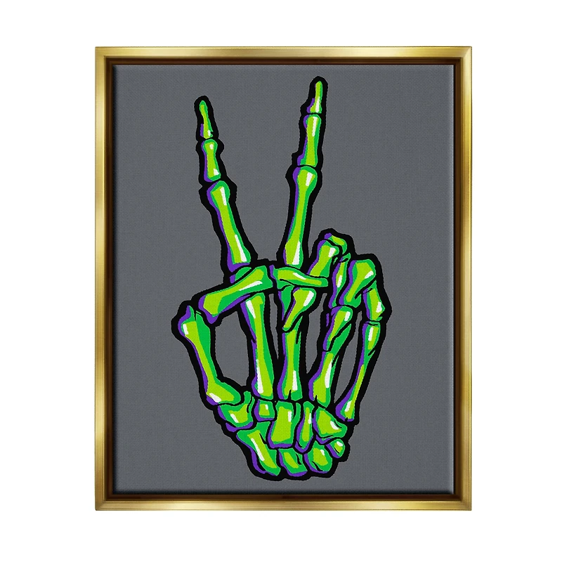 Stupell Industries Green Skeleton Peace Hand Framed Floater Canvas Wall Art