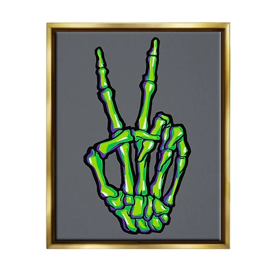 Stupell Industries Green Skeleton Peace Hand Framed Floater Canvas Wall Art