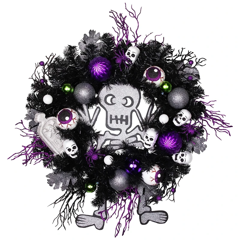 24'' Unlit Purple and Black Spooky Skeleton Pine Halloween Wreath