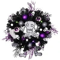 24'' Unlit Purple and Black Spooky Skeleton Pine Halloween Wreath