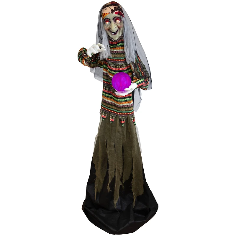 5.5ft. Pre-Lit Black & Green Standing Fortune Witch with Magic Ball Halloween Display