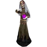 5.5ft. Pre-Lit Black & Green Standing Fortune Witch with Magic Ball Halloween Display