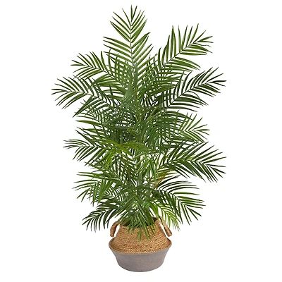4ft. Areca Artificial Palm Branches in Boho Chic Handmade Cotton & Jute Gray Woven Planter