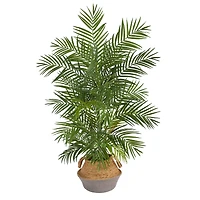 4ft. Areca Artificial Palm Branches in Boho Chic Handmade Cotton & Jute Gray Woven Planter