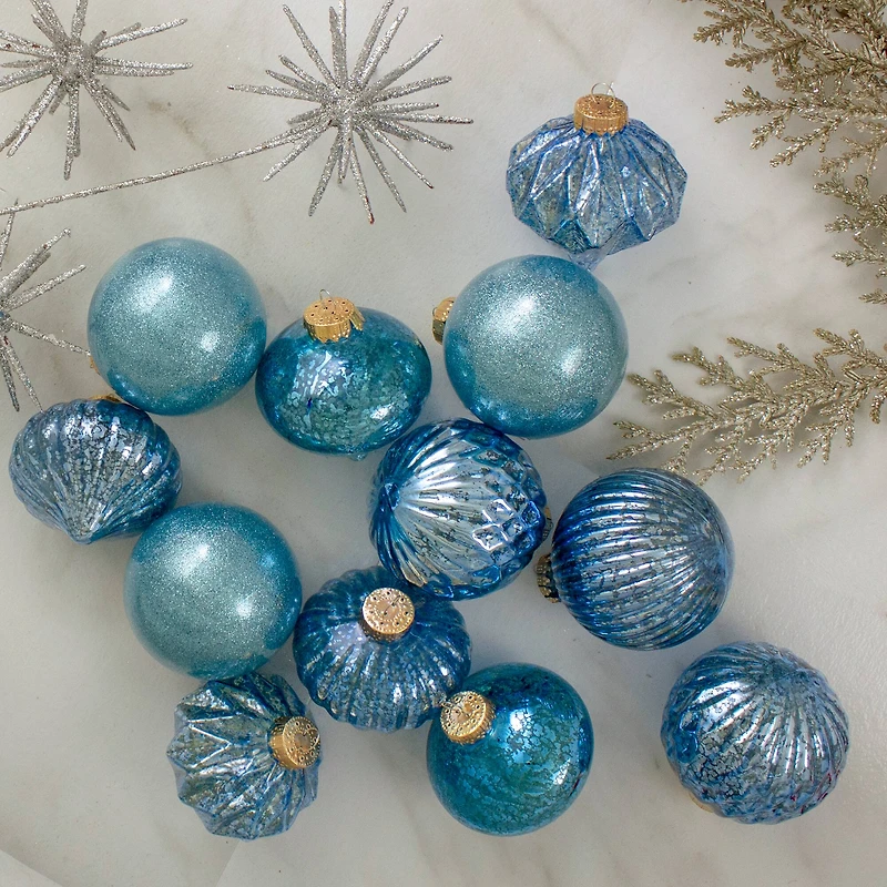 12ct. 3.75" Teal Blue 3-Finish Glass Ornaments