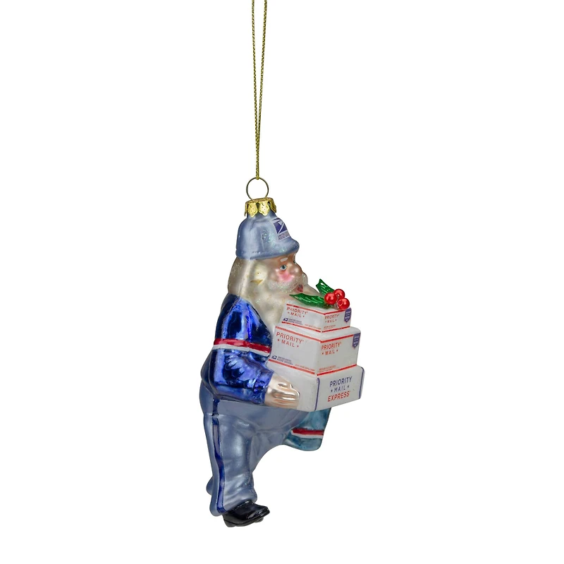 Busy Santa USPS "Priority Mail" Carrier Glass Christmas Ornament - 6" - Blue