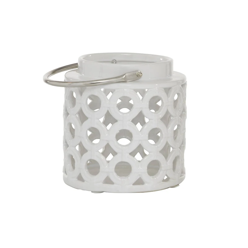 White Ceramic Contemporary Candle Holder Lantern, 8" x 8" x 9"