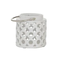 White Ceramic Contemporary Candle Holder Lantern, 8" x 8" x 9"
