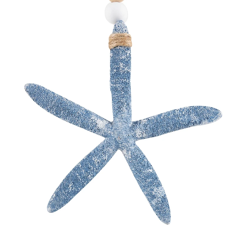Blue Wood Starfish Handmade Dimensional Wall Décor with Beaded Hanging Rope, Set 3