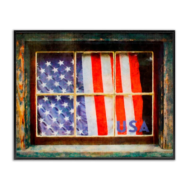 Stupell Industries Patriotic American Flag Rustic Window Festive Home Framed Giclee Art