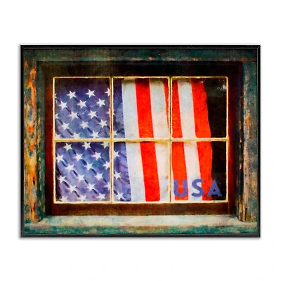 Stupell Industries Patriotic American Flag Rustic Window Festive Home Framed Giclee Art