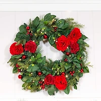 Village Lighting 30" LED Red Peonies & Berry Wreath