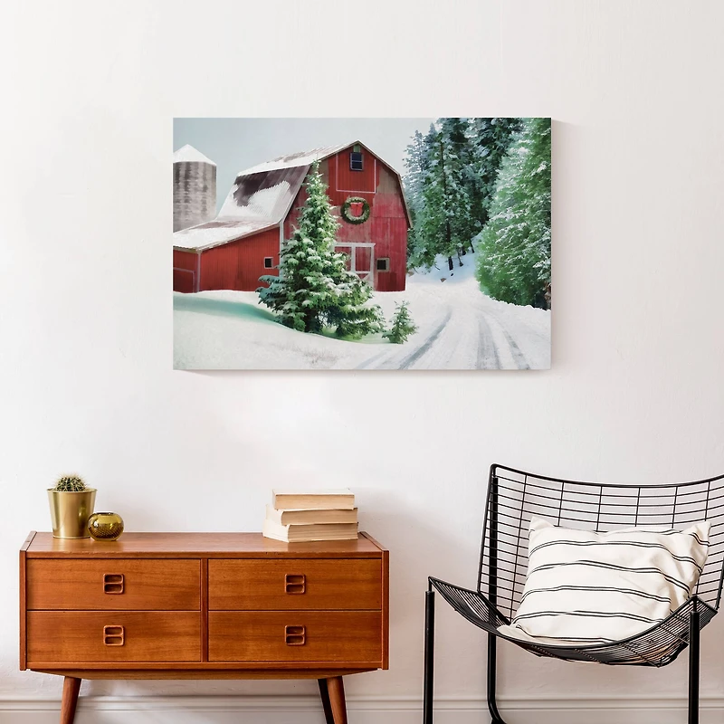 Painted, Snowy Red Barn 30x20 Canvas Wall Art