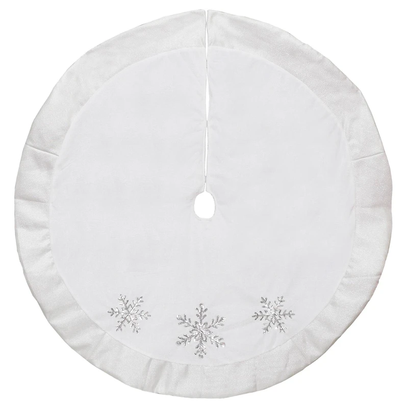 48" White and Silver Embroidered Sequin Snowflakes Tree Skirt
