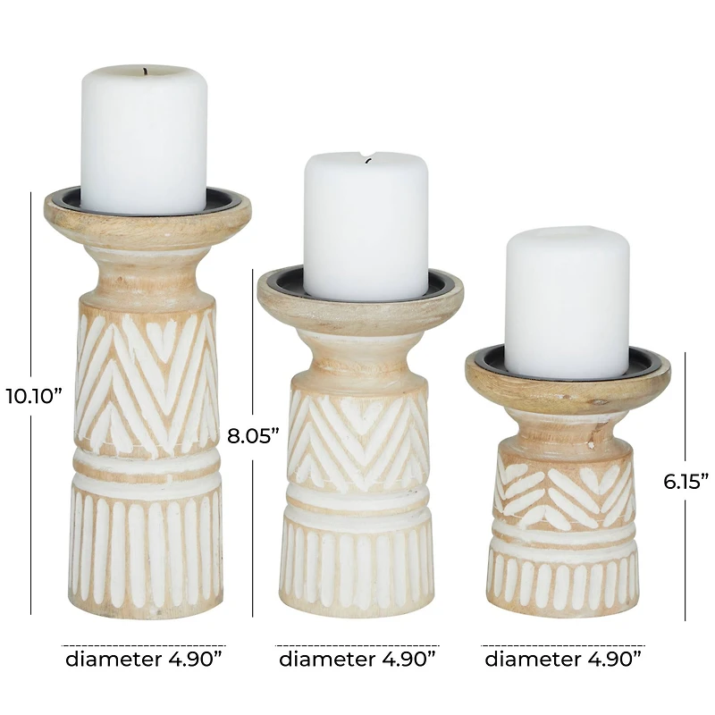 Light Brown Mango Wood Carved Tribal Pillar Candle Holder Set