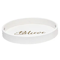 Elegant Designs™ 13.8" Round White Wash Believe Serving Tray with Handles