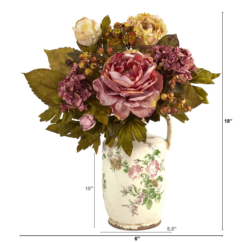 18'' Pink & Yellow Peony Arrangement in Floral Pitcher